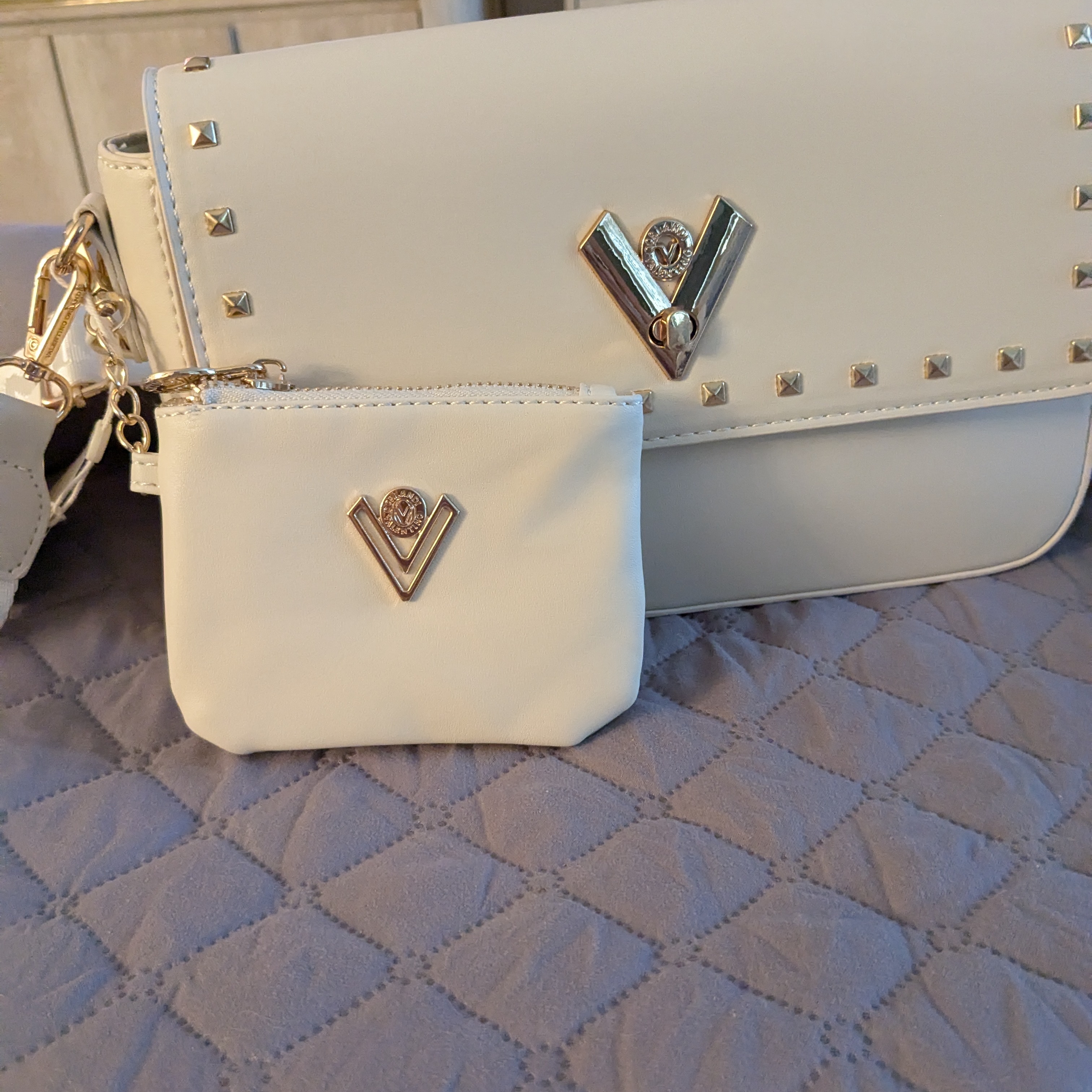 Elegant Valentino White Studded Handbag And Wallet Set.